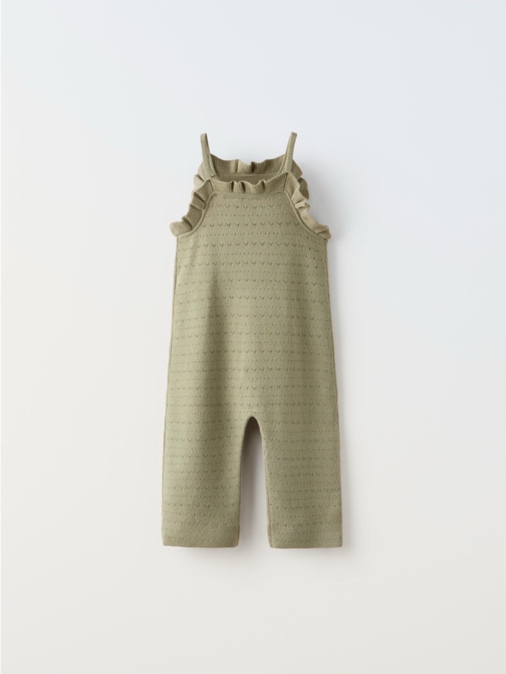 Zara kids | girls POINTELLE KNIT OVERALLS Olive Green Ruffle-Trim Knit Romper